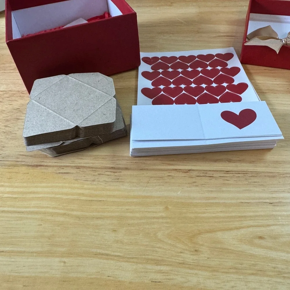 Red Heart Gift Box Set with 60 Mini Envelopes Cards Stickers and Gold Ribbon Bow